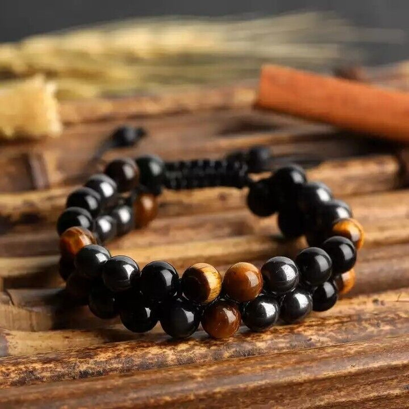 Triple Protection Tiger Eye Hematite Obsidian Beaded Healing Women Men Bracelet