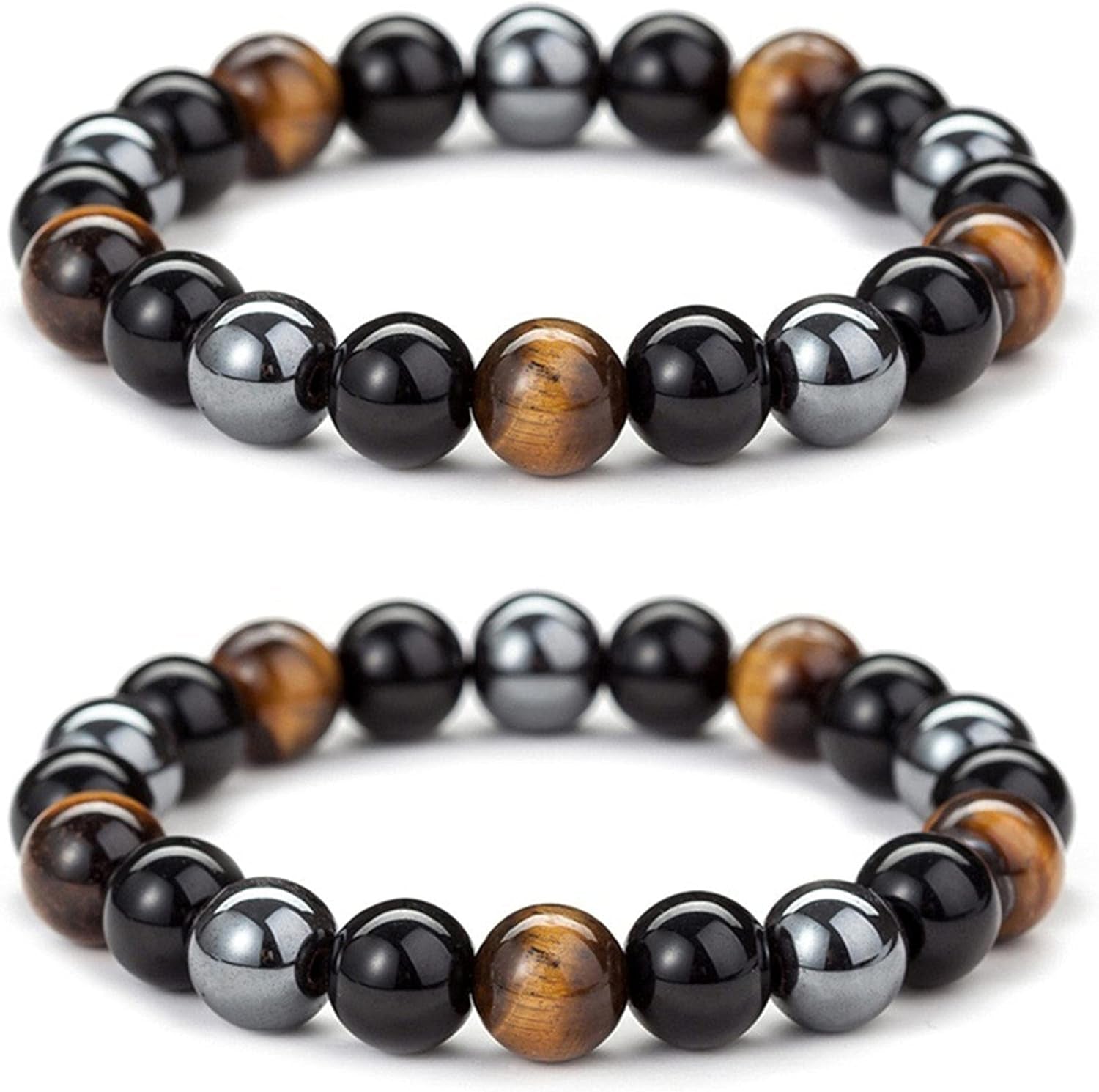 Triple Protection Bracelet for Bring Luck and Prosperity Hematite Black Obsidian Tiger Eye Stone Bracelets for Men Women, Beaded Buddha Healing Rope Uni Bracelet (2Pcs)