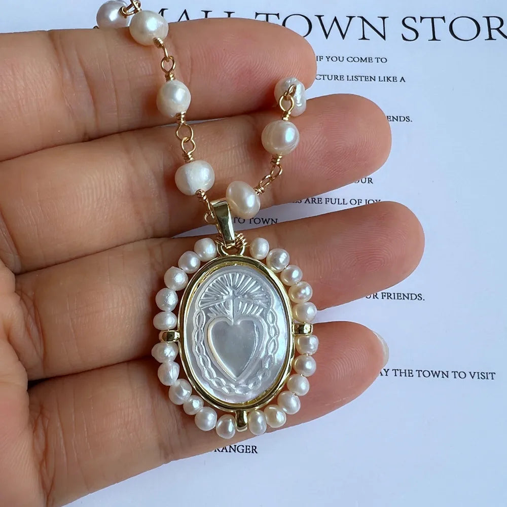 Promotion! Natural Freshwater Pearl Sacred Heart & Guadalupe Mother Pearl Necklace for Women Gift San Benito Medals with Pearls