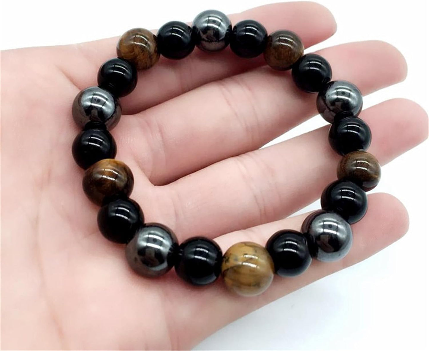 Triple Protection Bracelet for Bring Luck and Prosperity Hematite Black Obsidian Tiger Eye Stone Bracelets for Men Women, Beaded Buddha Healing Rope Uni Bracelet (2Pcs)