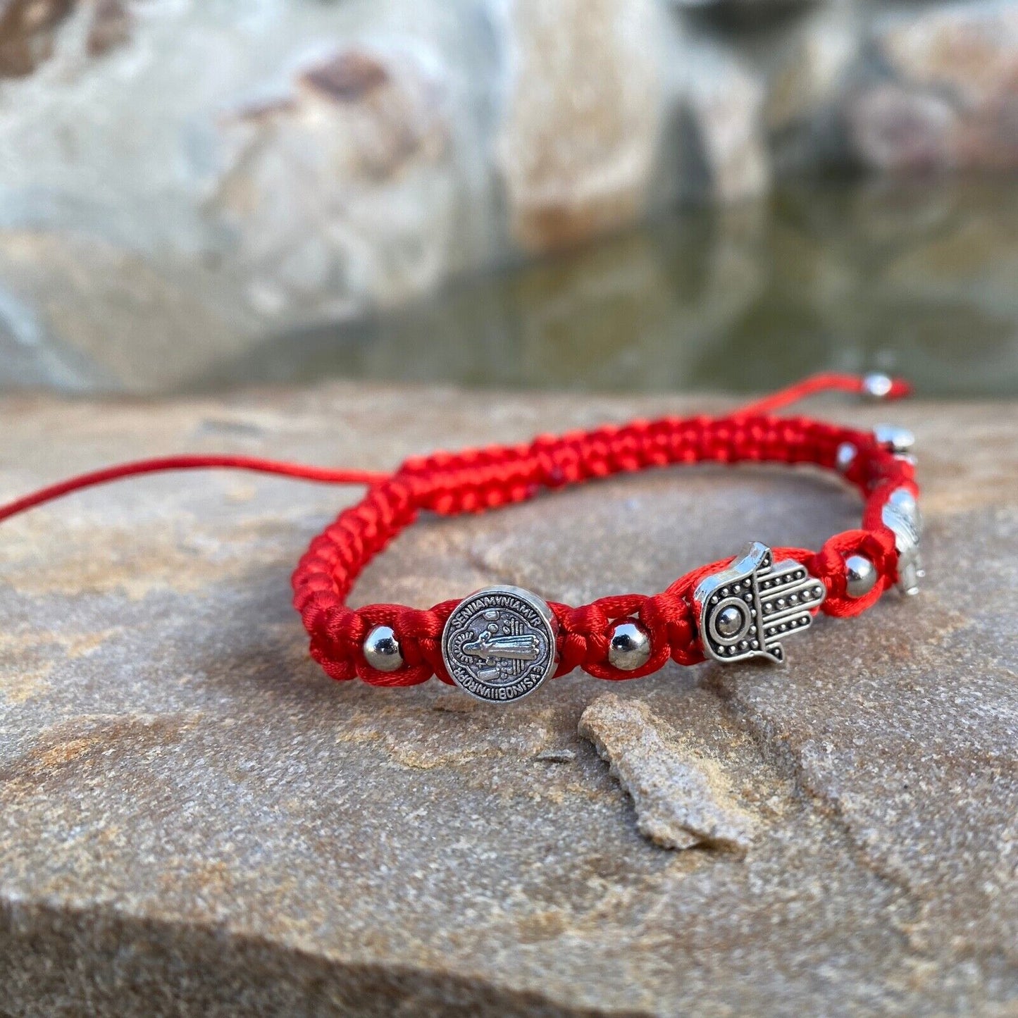 Red San Benito St Benedict Medal Hamsa Hand Elephant Four-Leaf Clover Bracelet