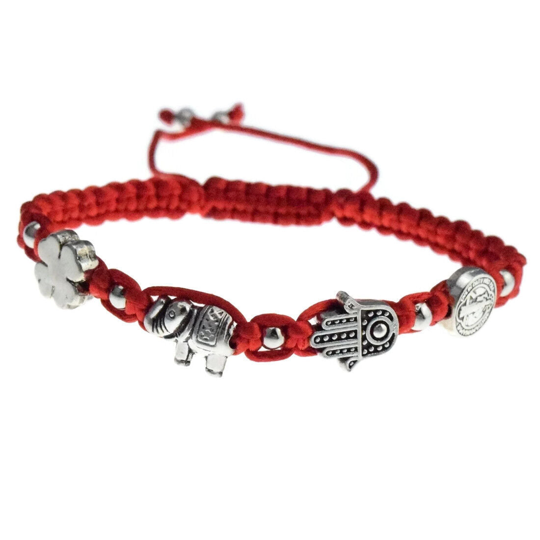 Red San Benito St Benedict Medal Hamsa Hand Elephant Four-Leaf Clover Bracelet