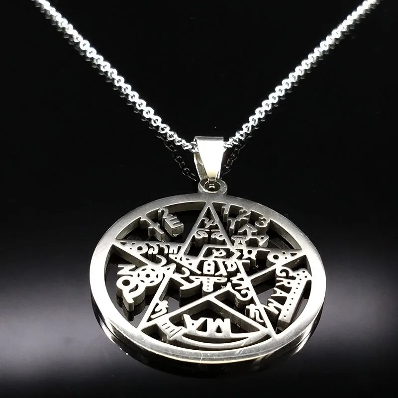 Witchcraft Pentagram Tetragrammaton Pendant Stainless Steel Necklace for Women Men Jewish Protection Tetragramaton Jewelry N425