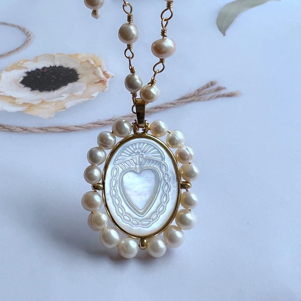 Promotion! Natural Freshwater Pearl Sacred Heart & Guadalupe Mother Pearl Necklace for Women Gift San Benito Medals with Pearls