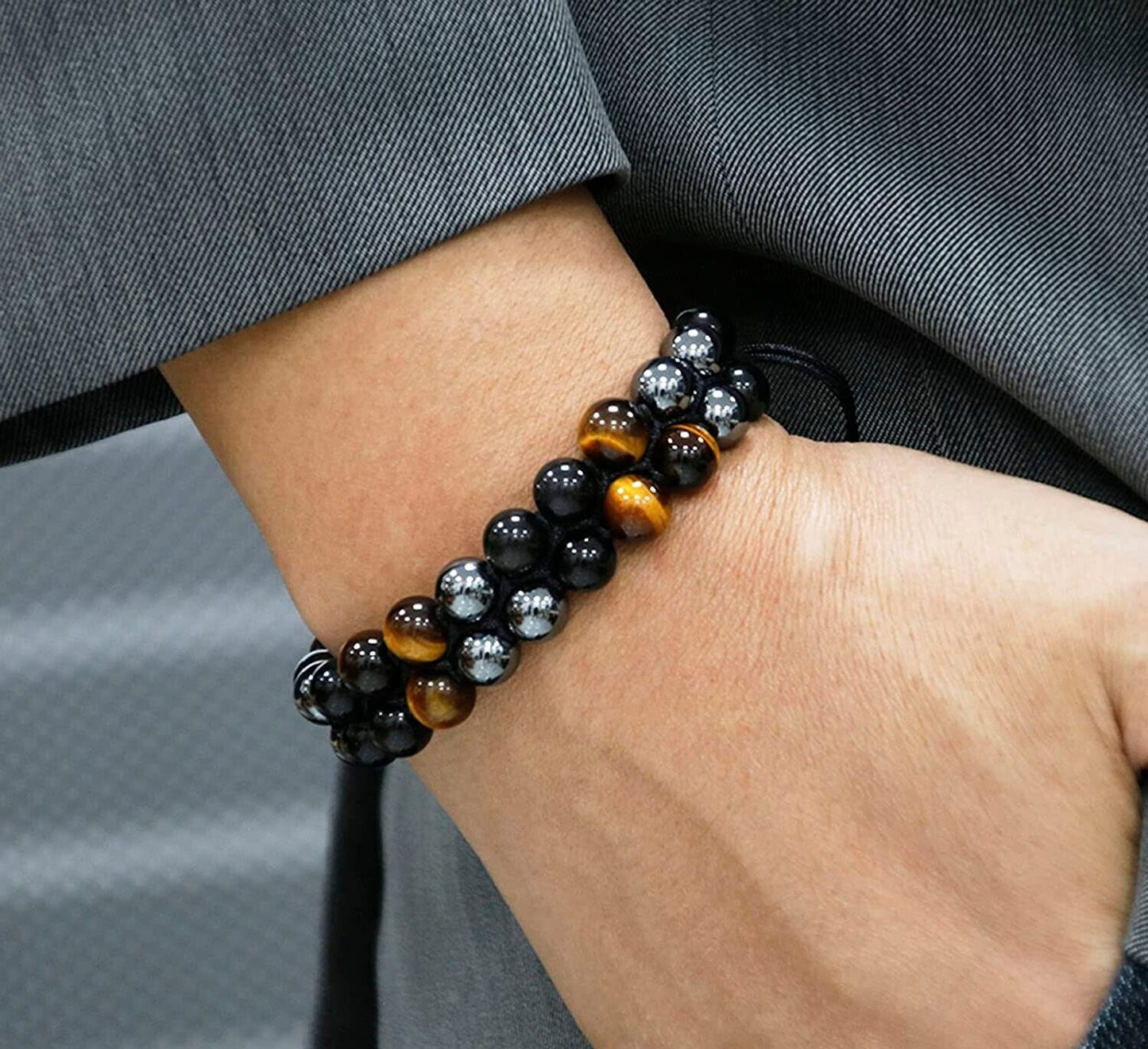 Triple Protection Tiger Eye Hematite Obsidian Beaded Healing Women Men Bracelet