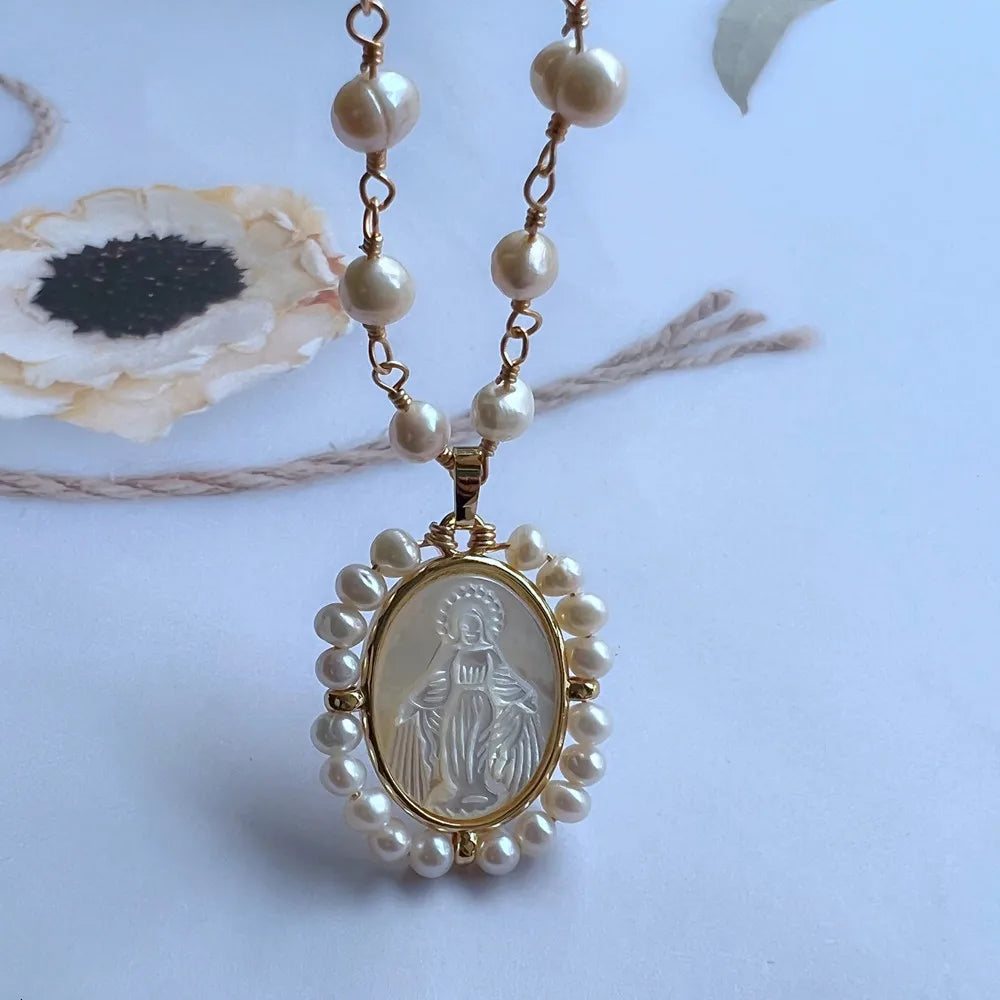 Promotion! Natural Freshwater Pearl Sacred Heart & Guadalupe Mother Pearl Necklace for Women Gift San Benito Medals with Pearls