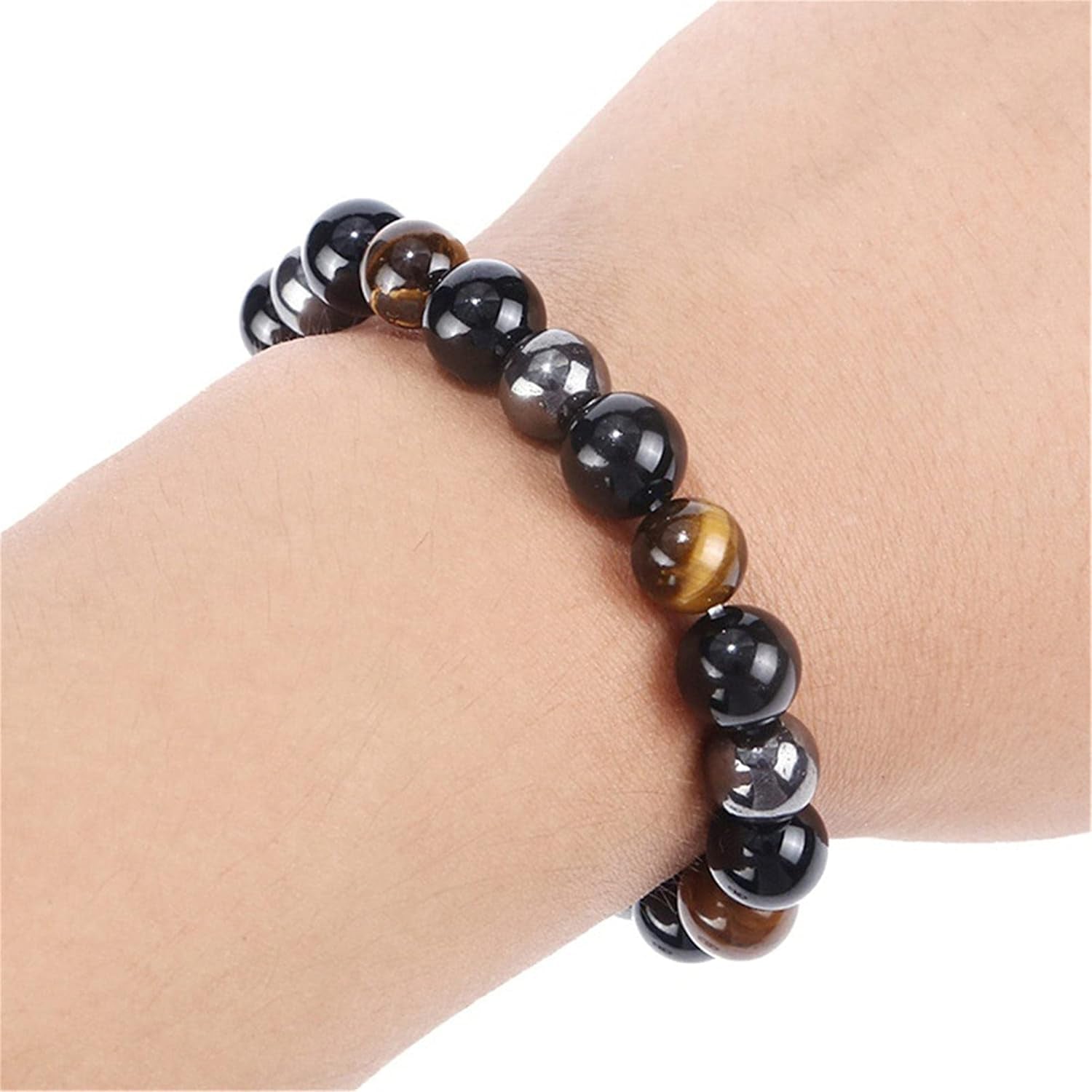 Triple Protection Bracelet for Bring Luck and Prosperity Hematite Black Obsidian Tiger Eye Stone Bracelets for Men Women, Beaded Buddha Healing Rope Uni Bracelet (2Pcs)