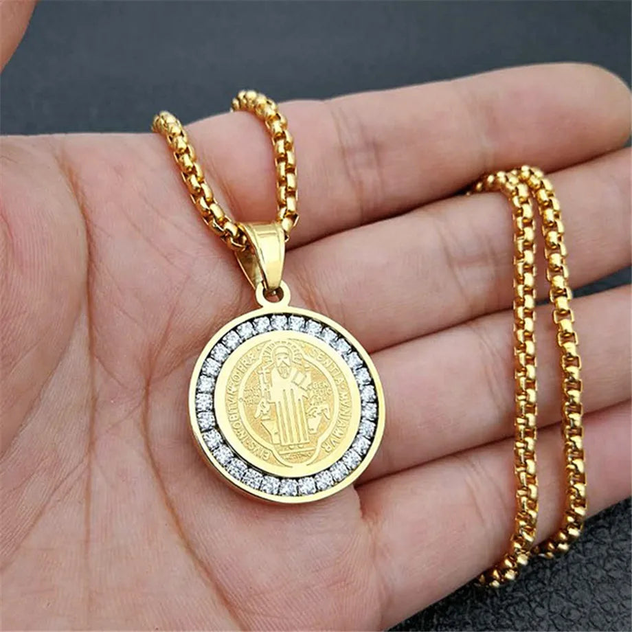 Hip Hop Iced Out San Benito Holy Medal Pendant with Chain Gold Color Stainless Steel Jesus Necklace Religious Jewelry