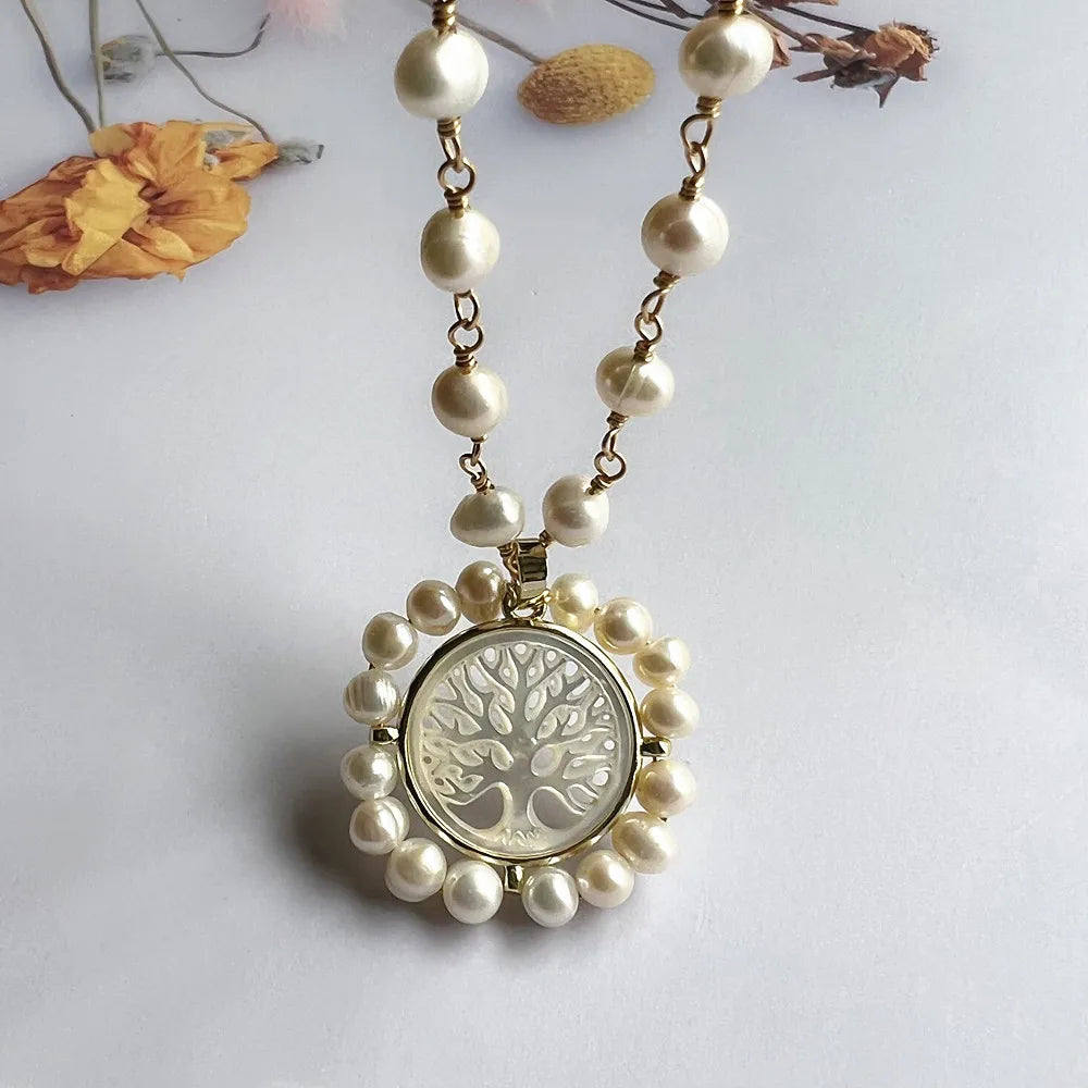 Natural Freshwater Pearl Virgin Mary Charms Necklace Natural Mother Pearl Shell Religious Medals San Benito Necklace for Gift