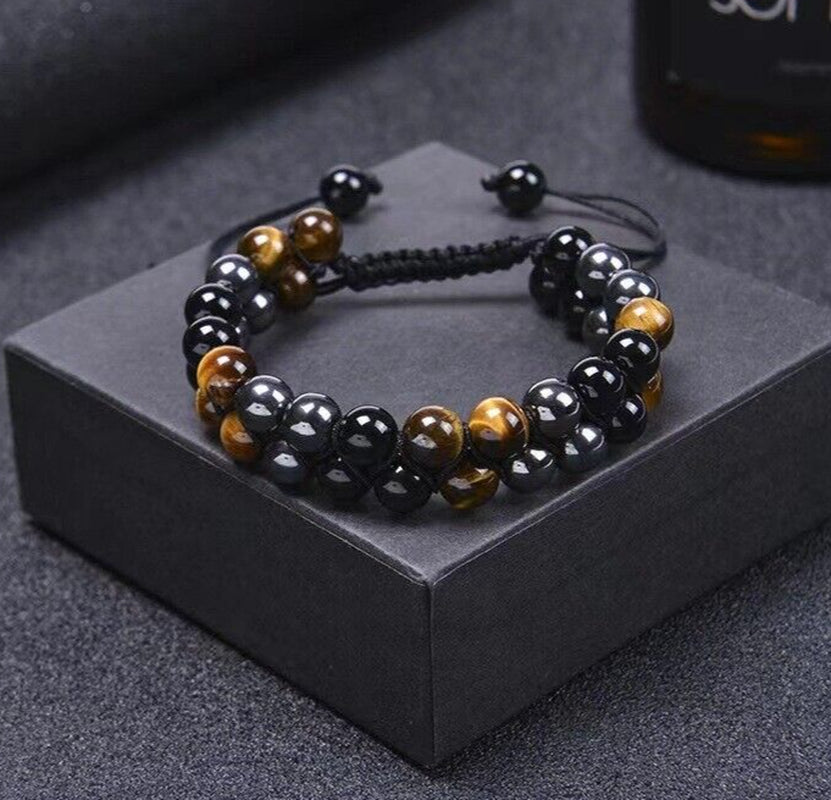 Triple Protection Tiger Eye Hematite Obsidian Beaded Healing Women Men Bracelet