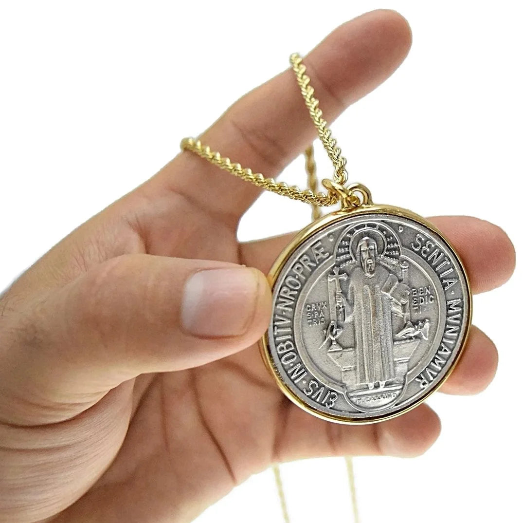 Medalla De San Benito Necklace 48Mm Medal Saint St Benedict Catholic Pendant 24" X 3MM Rope Chain