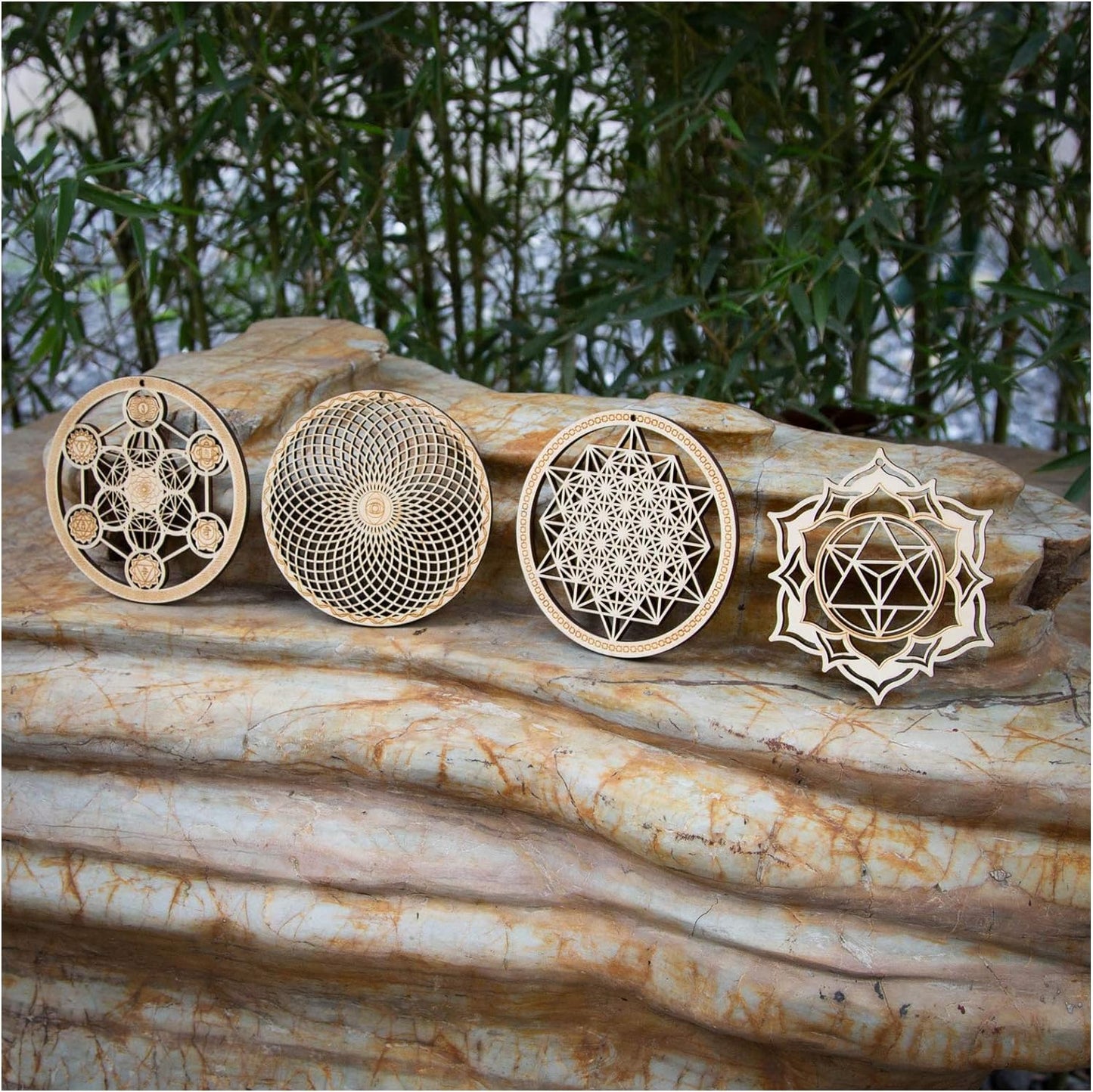 5.31" Sacred Geometry Wall Art 4 PCS Set, (Metatron Cube, 64 Tetrahedron, Torus, Merkaba) Crystal Grid Meditation Chakra Wooden Wall Art Yoga Decor Spiritual Gifts