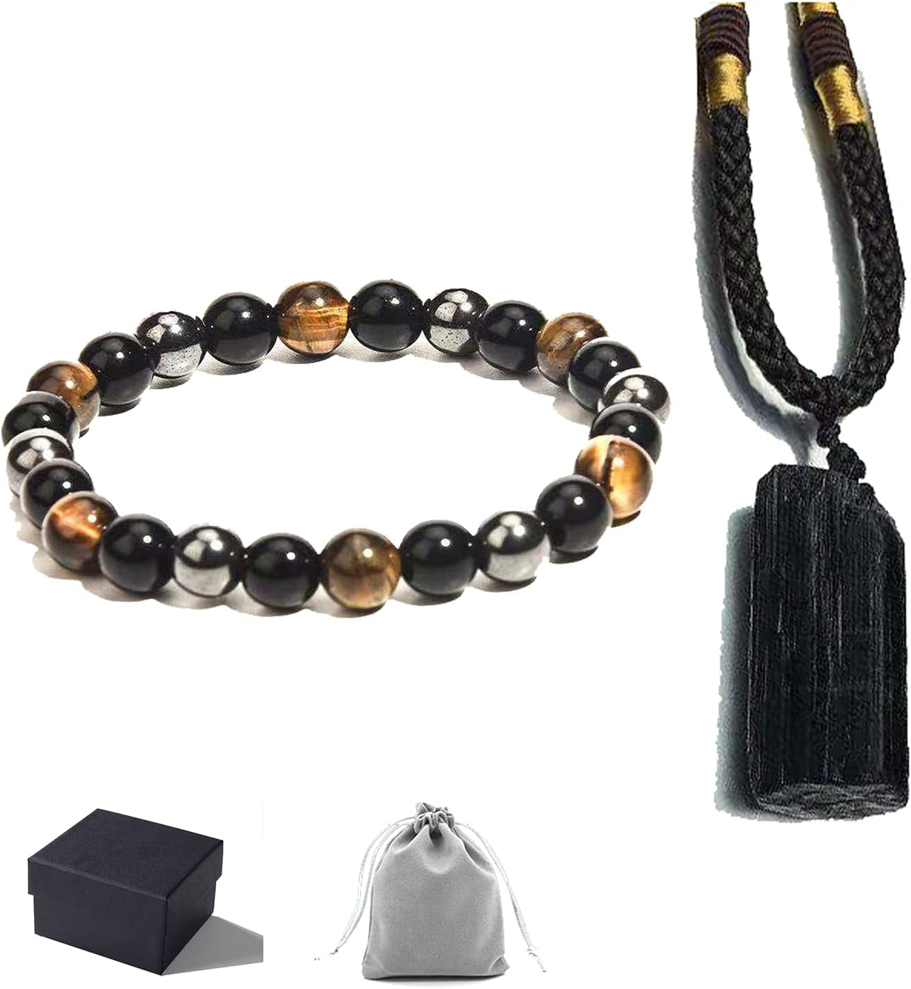 Black Raw Tourmaline Crystal Stone Necklace Pendant Amulet Pillar Pendant+Triple Protection Bracelet Hematite Obsidian Tiger Eye Bracelets for Men Women 2Pcs …