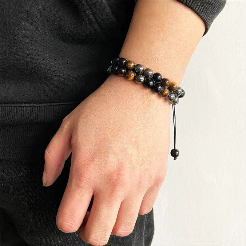 Men Bracelet Triple Protection Black Obsidian Hematite 8Mm Beads Bracelet